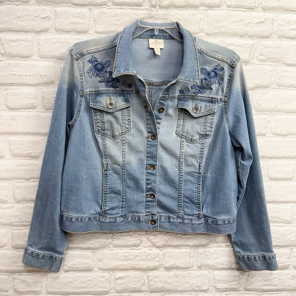 St. Johns Bay Embroidered Denim Blue Jean Jacket Size X-Large Floral Button Up